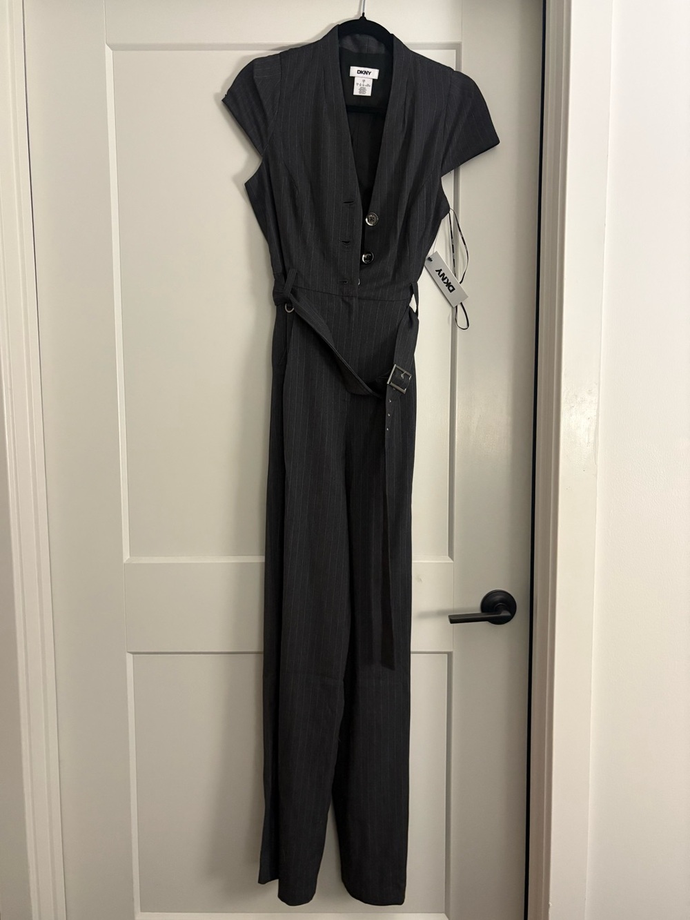 NWT DKNY Black Pinstripe Belted Jumpsuit